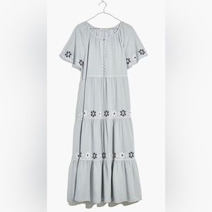 Embroidered Flutter-Sleeve Tiered Midi Dress